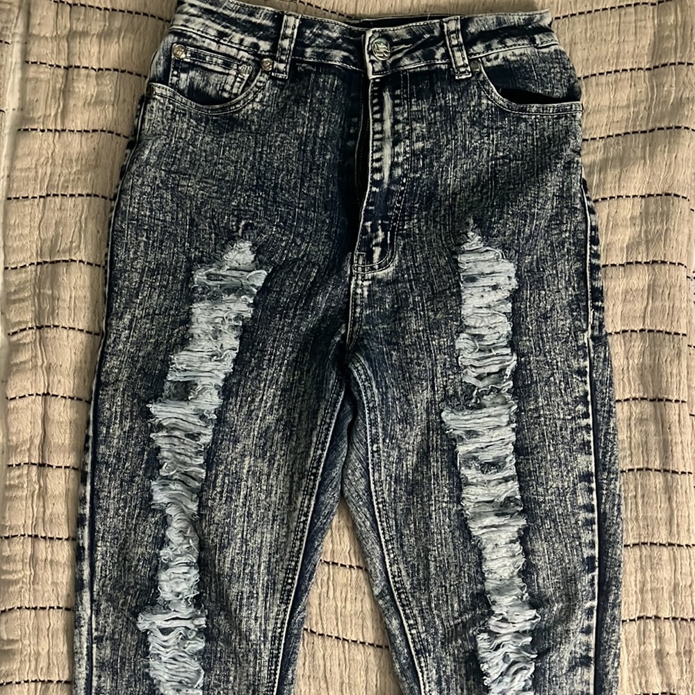 High Waisted Ripped Blue Jeans - Picture 2 of 5